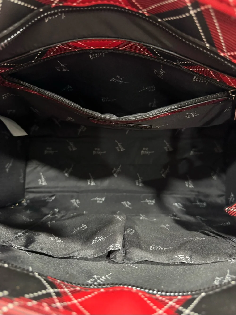 Betsey Johnson Red Plaid Tote Bag with Skull Accent and Black Fur Charm